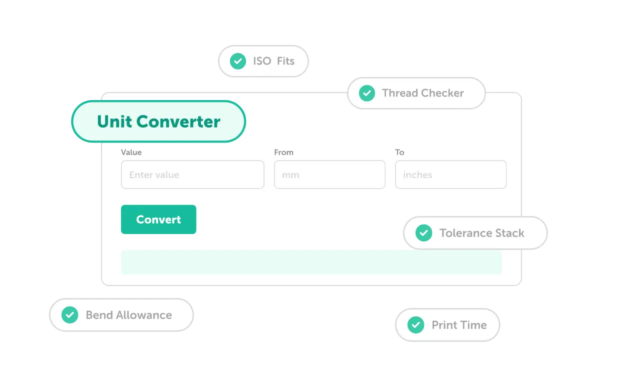 Unit Converter UI with fields for Value, From (mm), To (inches), and a green Convert button,