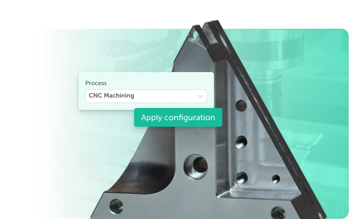 UI overlay with a 'Process' dropdown showing 'CNC Machining' and an 'Apply configuration' button over a metal part background