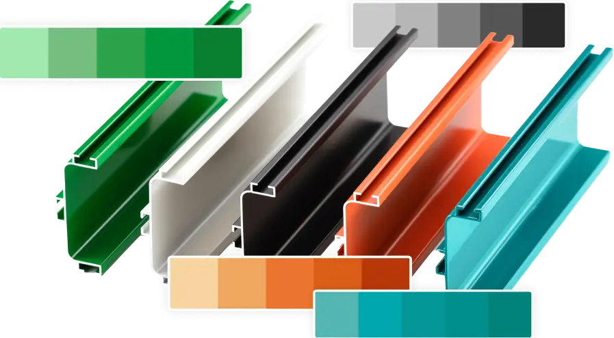 Assorted color swatches in green, white, black, orange, and teal arranged as overlapping rectangular bars.