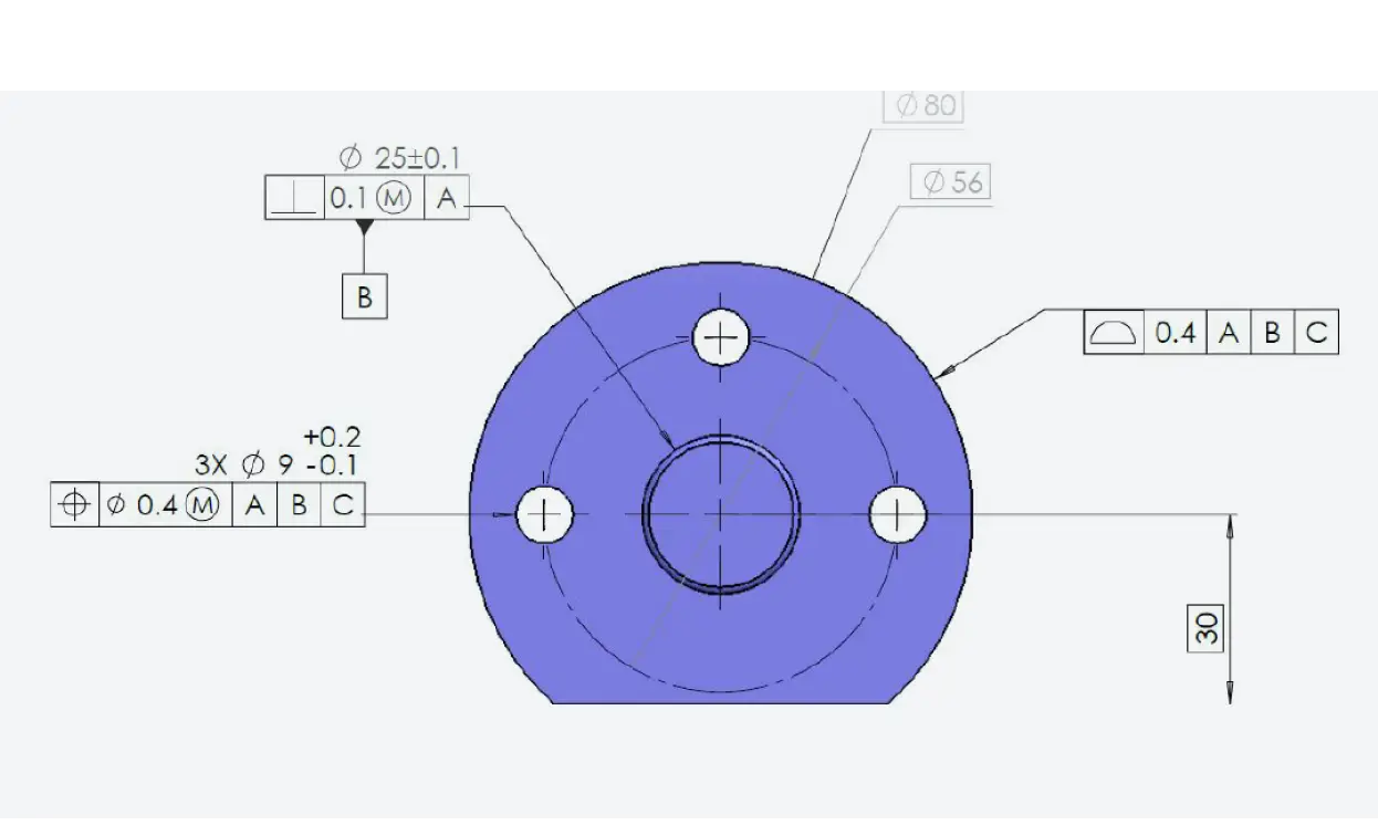 Technical drawing of a blue flange with three outer holes around a central bore; shows dimension lines and datum boxes.