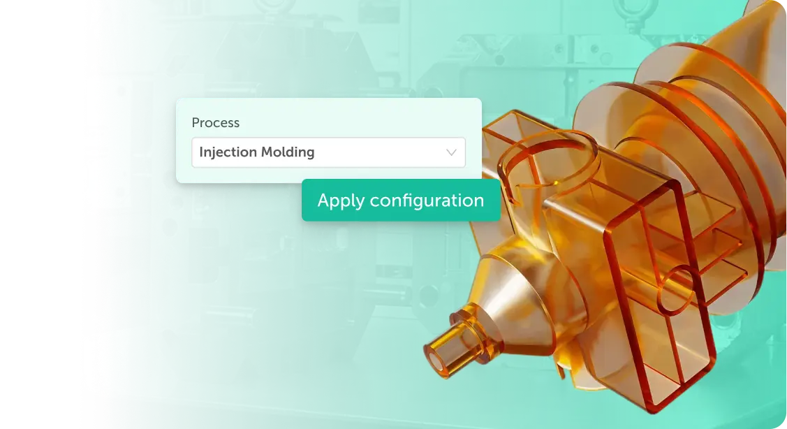 Configuration panel: Process set to Injection Molding with an 'Apply configuration' button on a teal background and a 3D orange injection mold in the background.