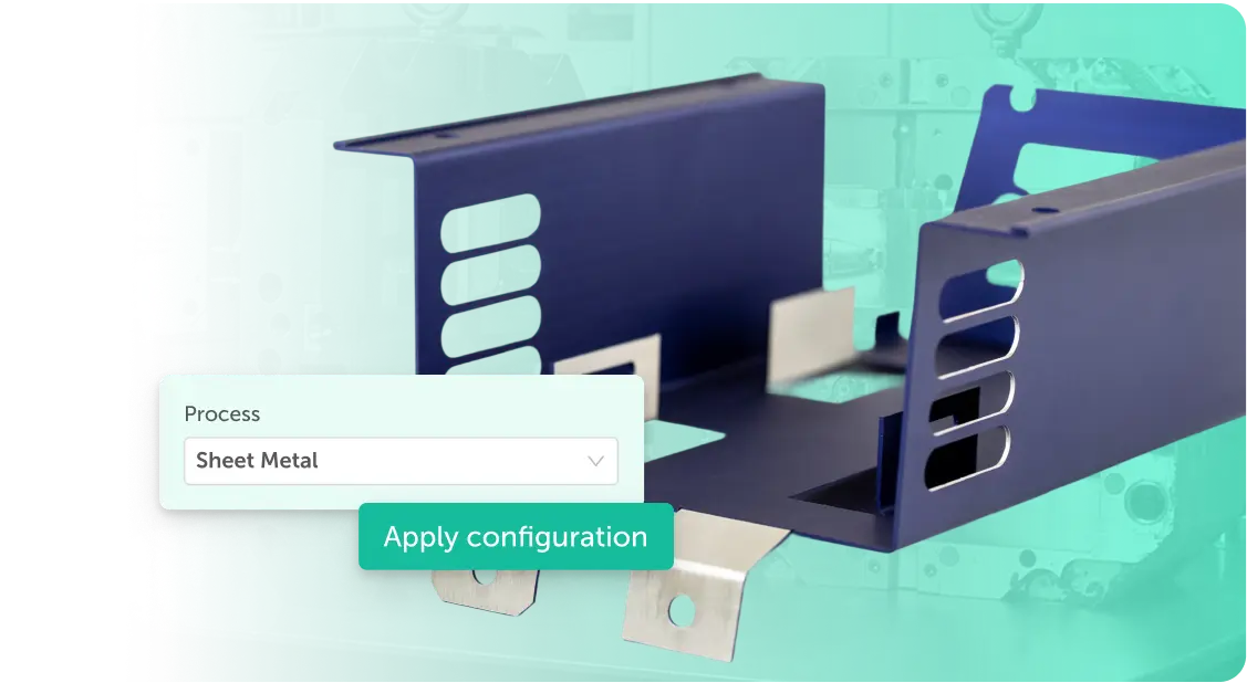 UI overlay with a 'Process: Sheet Metal' dropdown and an 'Apply configuration' button over an teal industrial background, indicating a configuration step.
